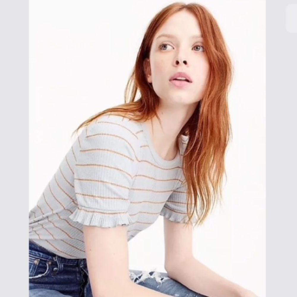 J Crew Black Label Ruffle Top Ribbed Striped - Picture 2 of 8